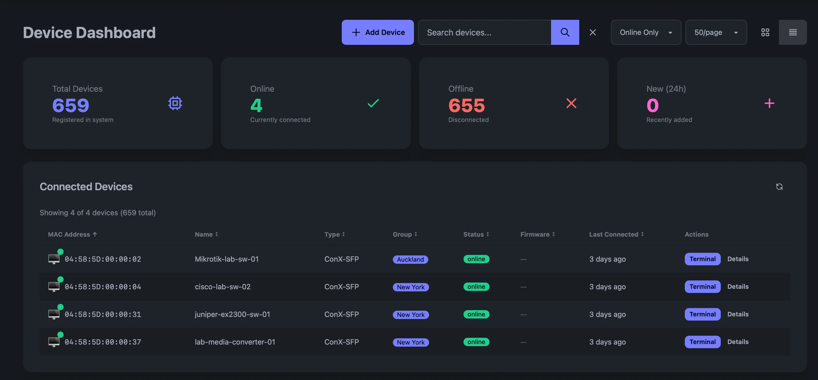ConX Portal dashboard with device inventory showing online/offline status